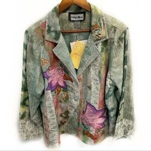 Indigo Moon Embroidered Floral Patchwork Jacket 1X Boho Artistic Statement Piece